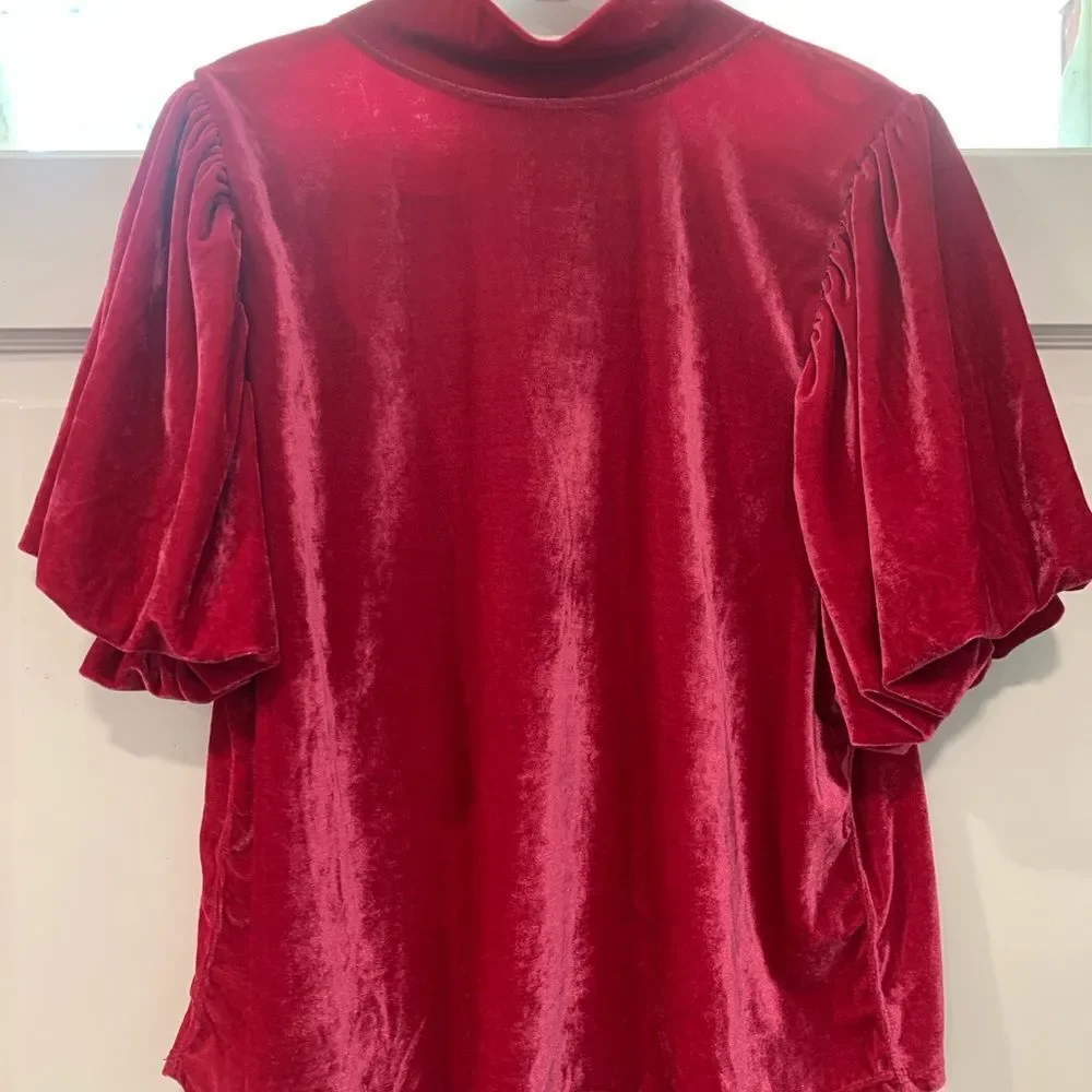 Free People Pink Fuchsia Puff Sleeve Blouse with Mandarin Collar
